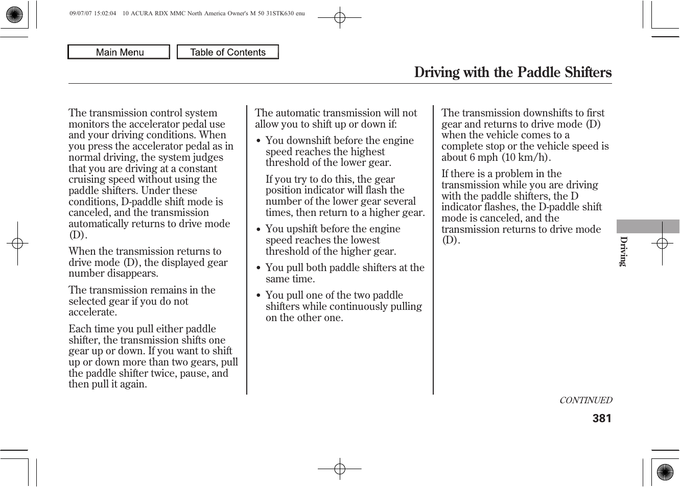 Driving with the paddle shifters, 2010 rdx | Acura 2010 RDX User Manual | Page 385 / 514