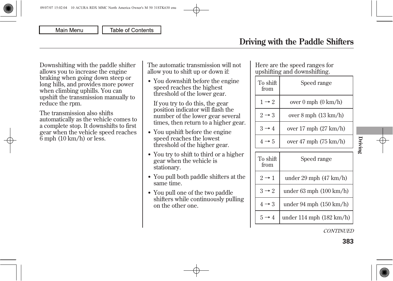 Driving with the paddle shifters, 2010 rdx | Acura 2010 RDX User Manual | Page 387 / 514