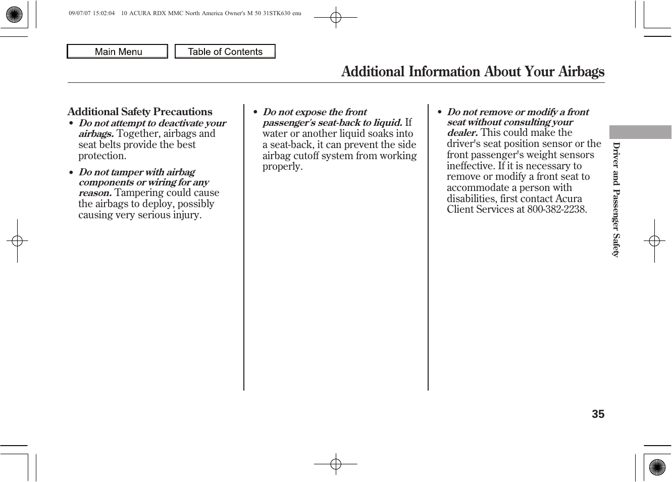 Additional information about your airbags, 2010 rdx | Acura 2010 RDX User Manual | Page 39 / 514