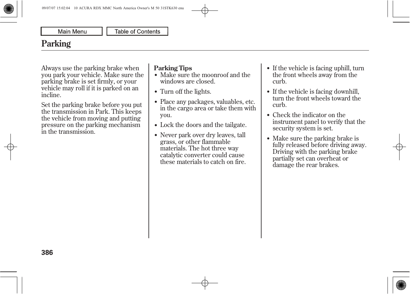 Parking, 2010 rdx | Acura 2010 RDX User Manual | Page 390 / 514