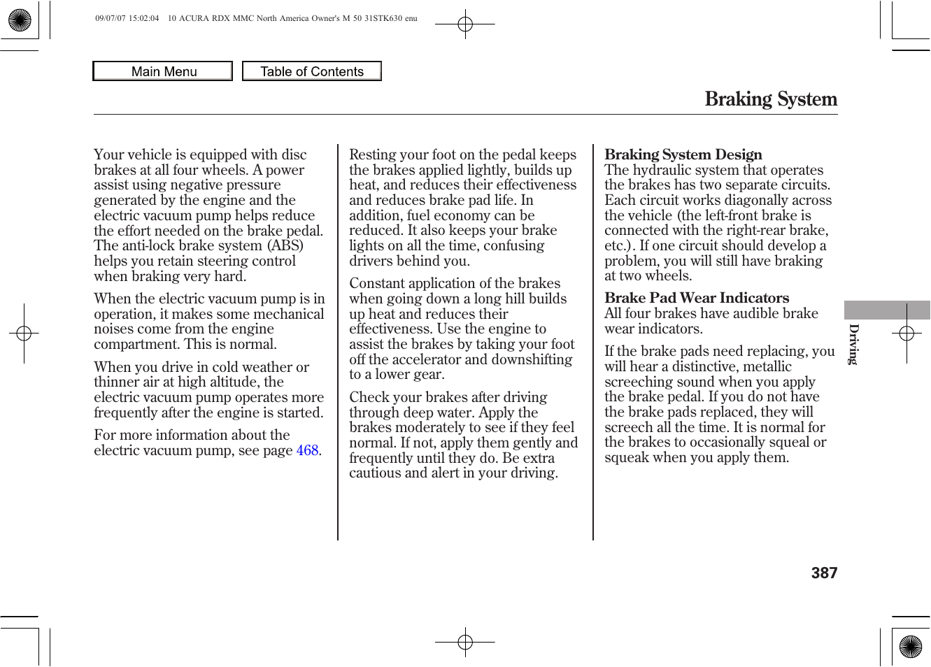 Braking system, 2010 rdx | Acura 2010 RDX User Manual | Page 391 / 514