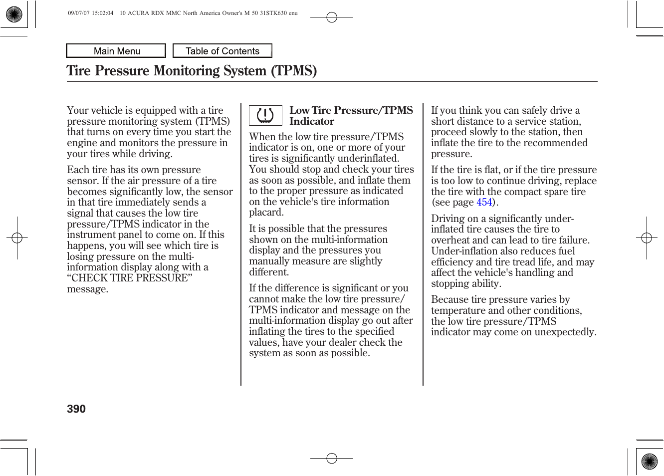 Tire pressure monitoring system (tpms), 2010 rdx | Acura 2010 RDX User Manual | Page 394 / 514