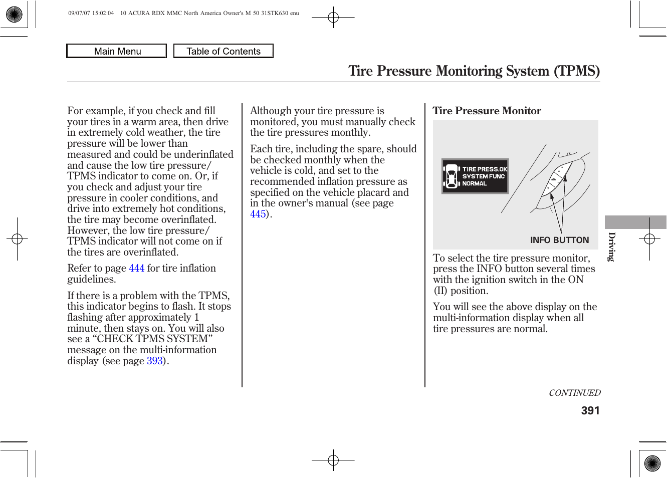 Tire pressure monitoring system (tpms), 2010 rdx | Acura 2010 RDX User Manual | Page 395 / 514