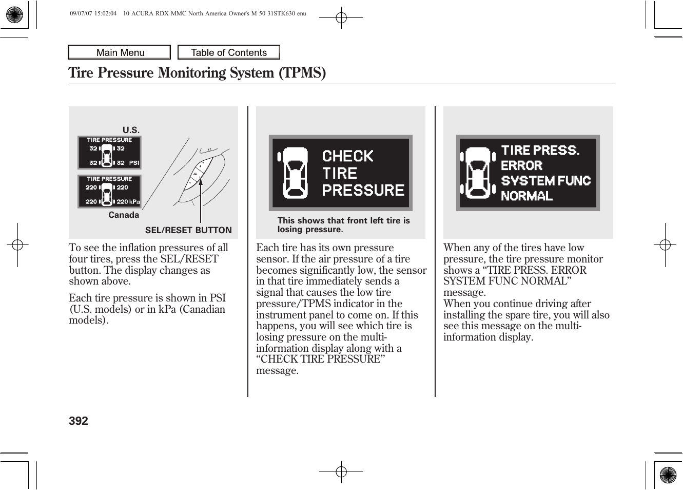 Tire pressure monitoring system (tpms), 2010 rdx | Acura 2010 RDX User Manual | Page 396 / 514