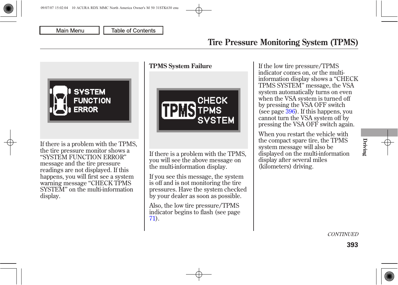 Tire pressure monitoring system (tpms), 2010 rdx | Acura 2010 RDX User Manual | Page 397 / 514