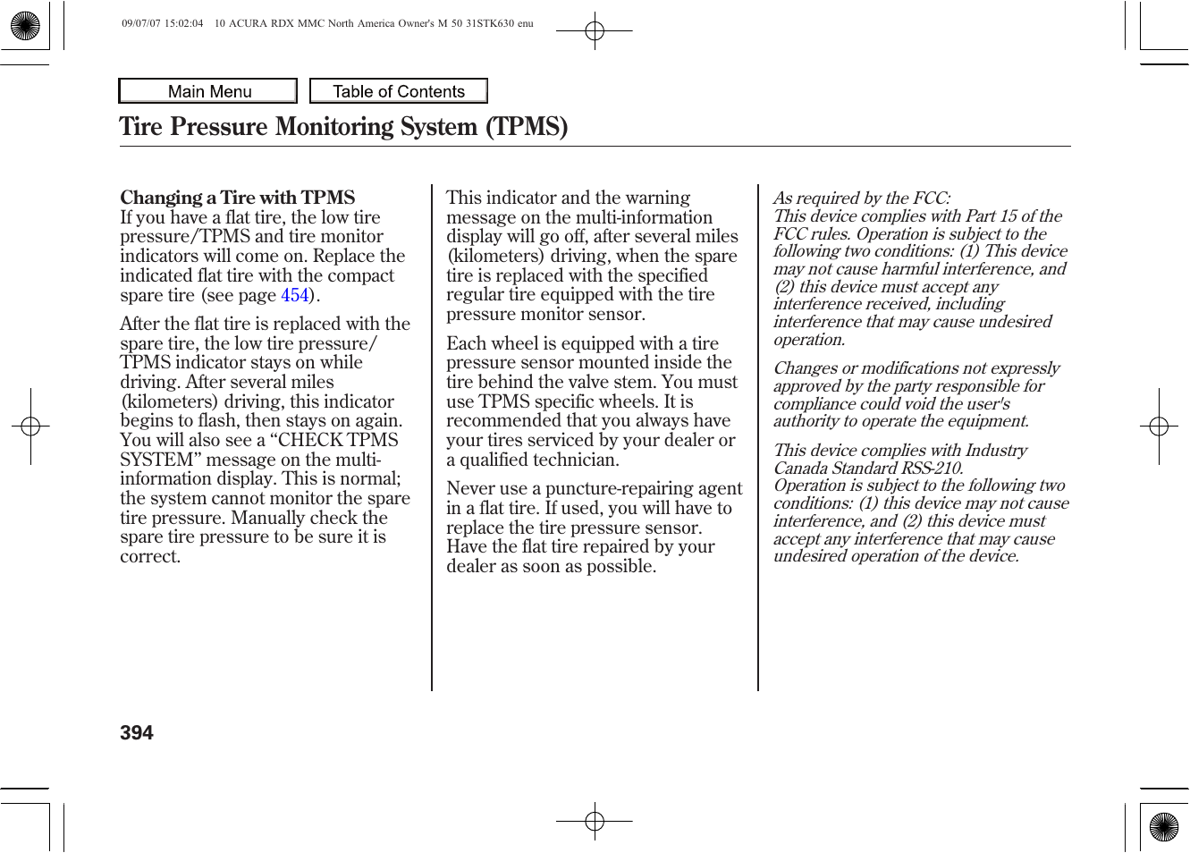 Tire pressure monitoring system (tpms), 2010 rdx | Acura 2010 RDX User Manual | Page 398 / 514