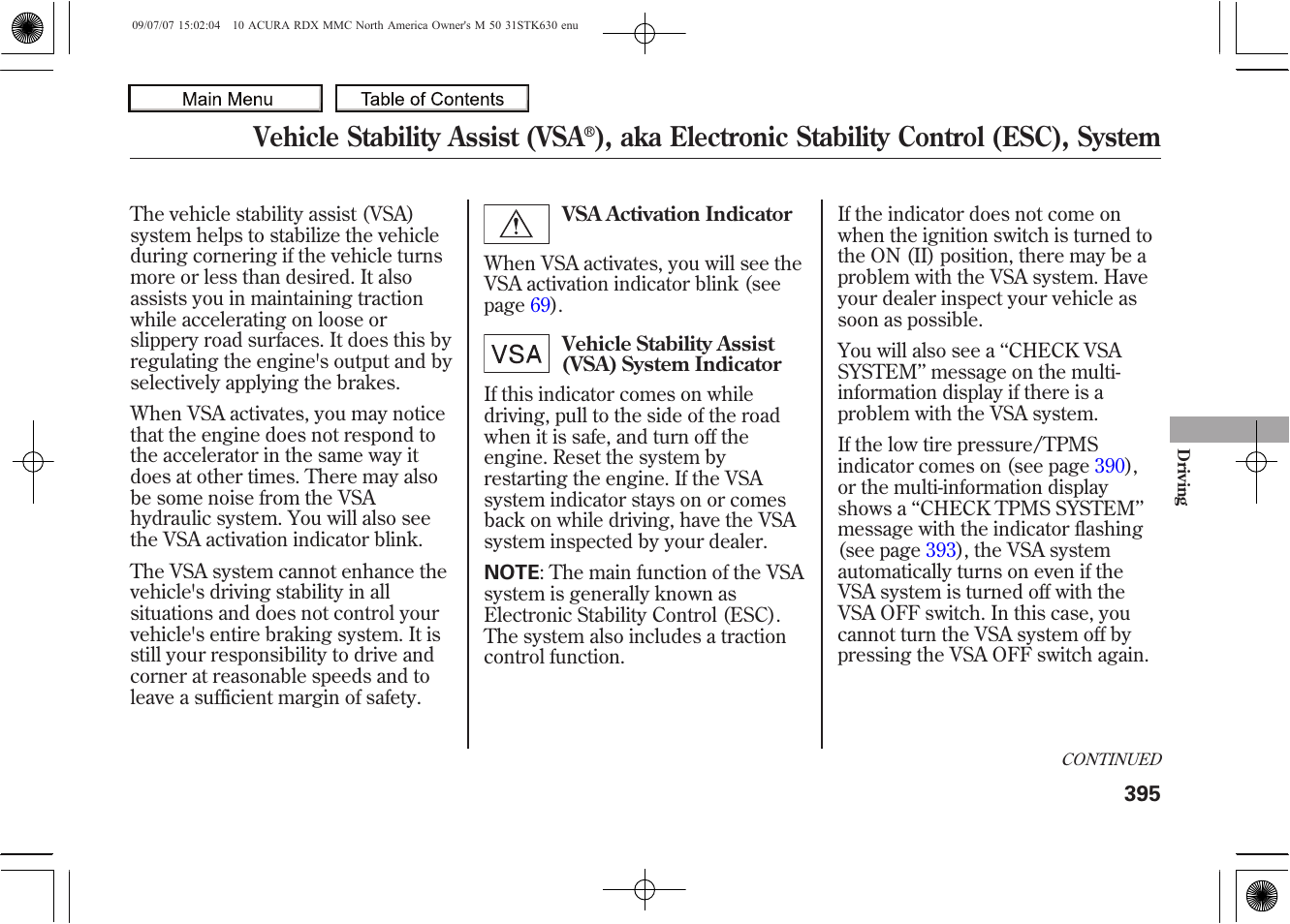 Vehicle stability assist (vsa, Aka electronic stability control (esc), system, 2010 rdx | Acura 2010 RDX User Manual | Page 399 / 514