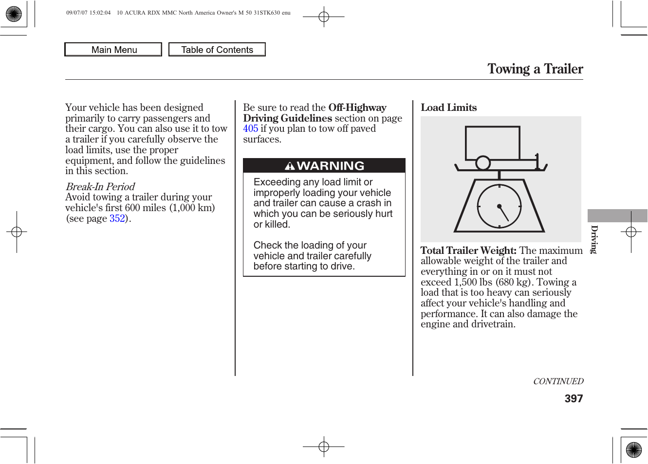 Towing a trailer, 2010 rdx | Acura 2010 RDX User Manual | Page 401 / 514