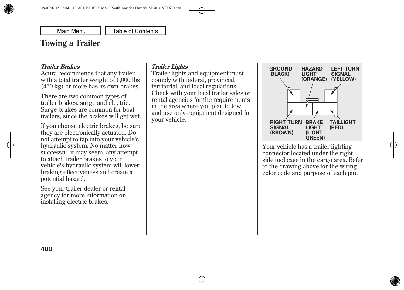 Towing a trailer, 2010 rdx | Acura 2010 RDX User Manual | Page 404 / 514