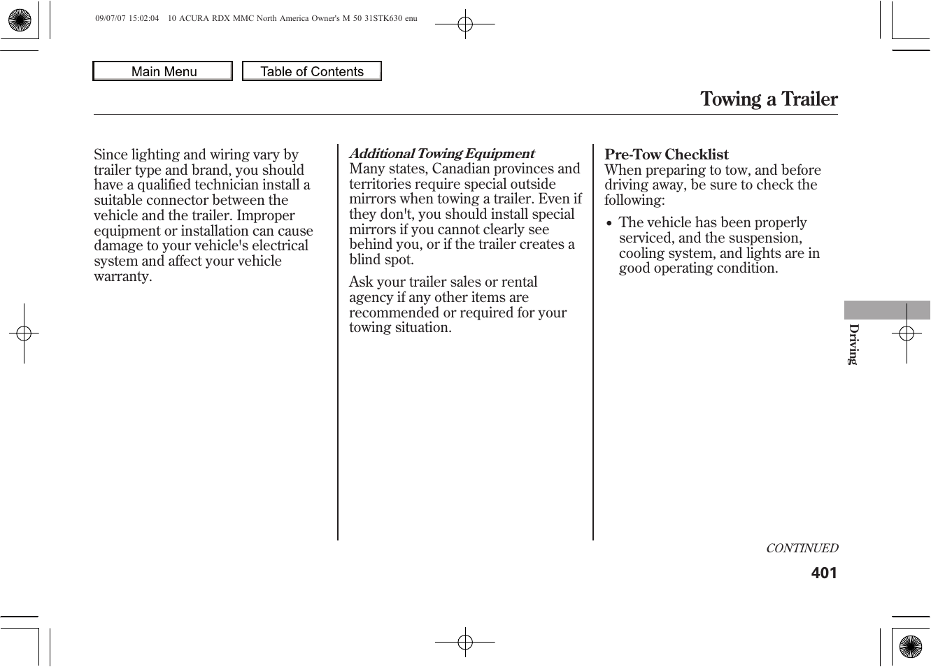 Towing a trailer, 2010 rdx | Acura 2010 RDX User Manual | Page 405 / 514