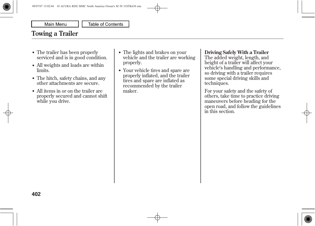 Towing a trailer, 2010 rdx | Acura 2010 RDX User Manual | Page 406 / 514