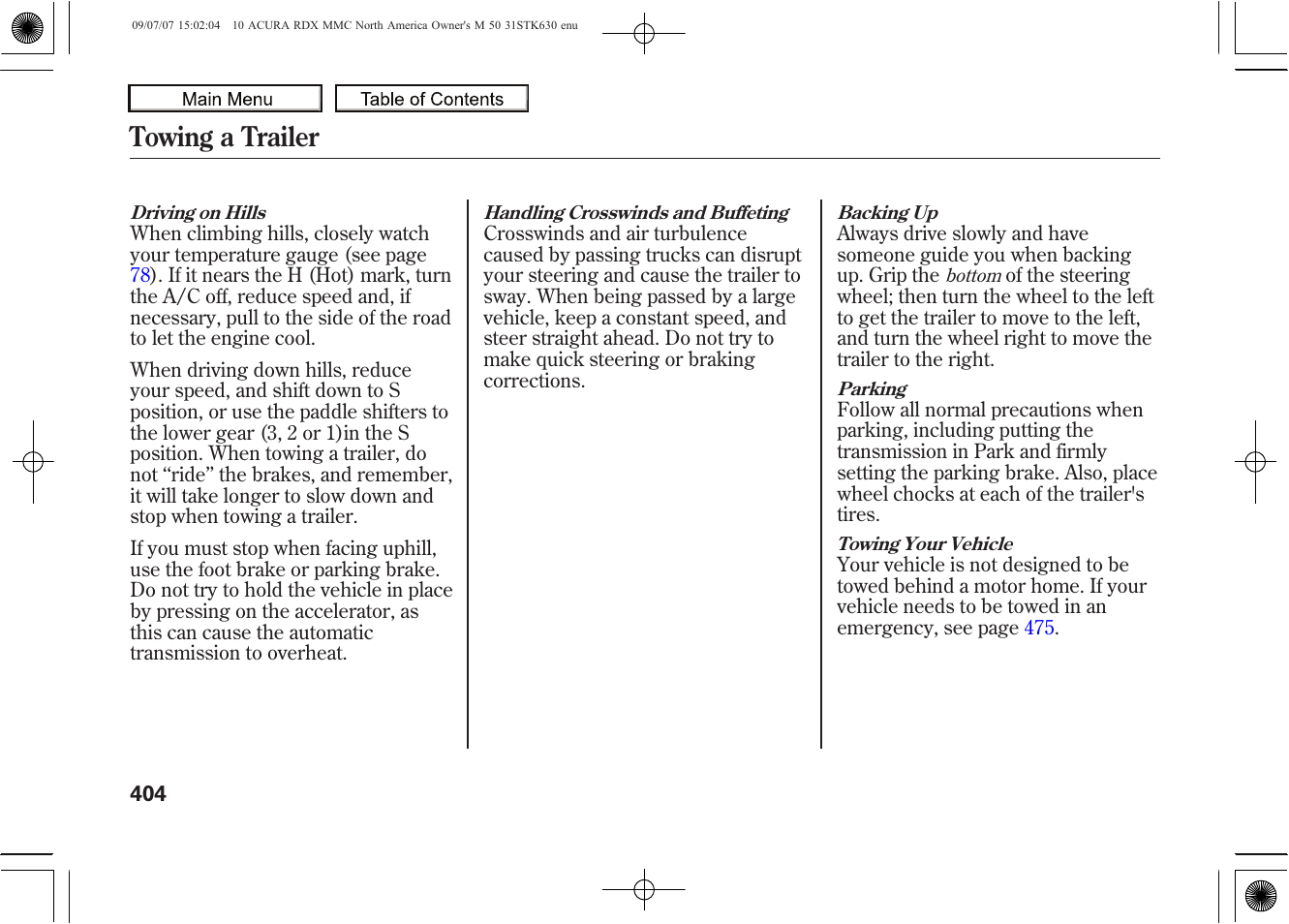 Towing a trailer, 2010 rdx | Acura 2010 RDX User Manual | Page 408 / 514