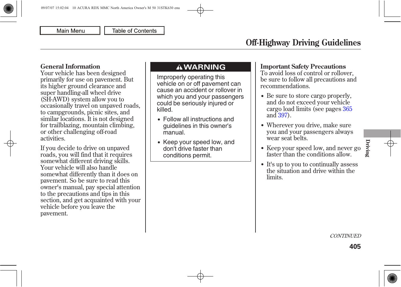 Off-highway driving guidelines, 2010 rdx | Acura 2010 RDX User Manual | Page 409 / 514
