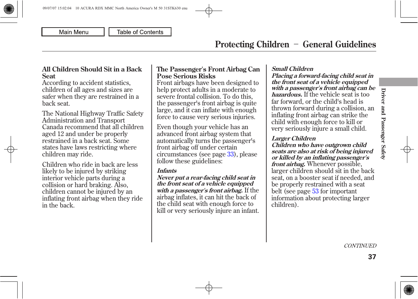 Protecting children － general guidelines, 2010 rdx | Acura 2010 RDX User Manual | Page 41 / 514