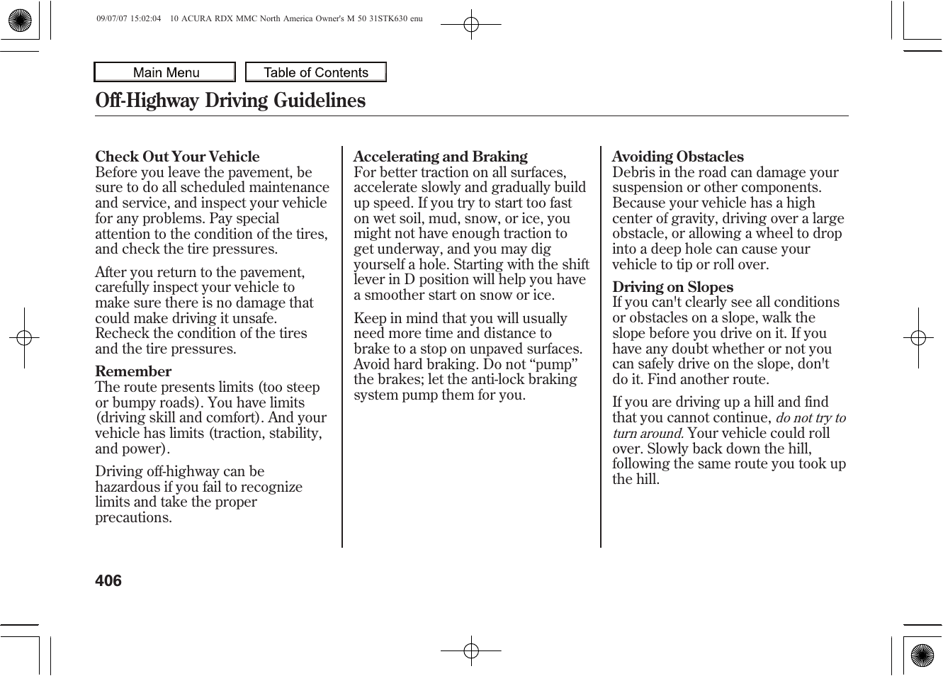 Off-highway driving guidelines, 2010 rdx | Acura 2010 RDX User Manual | Page 410 / 514