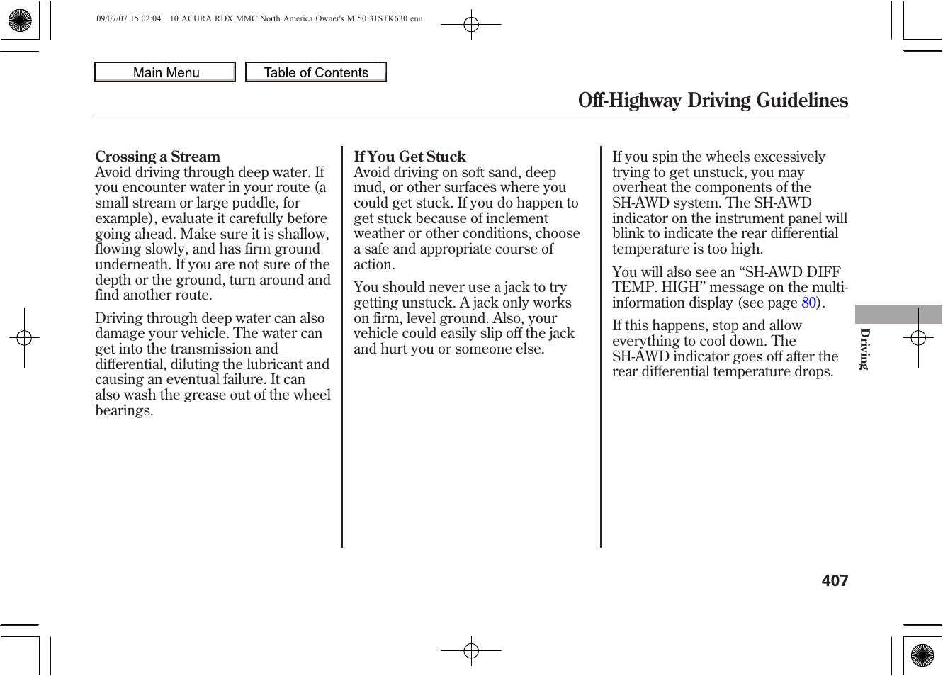 Off-highway driving guidelines, 2010 rdx | Acura 2010 RDX User Manual | Page 411 / 514