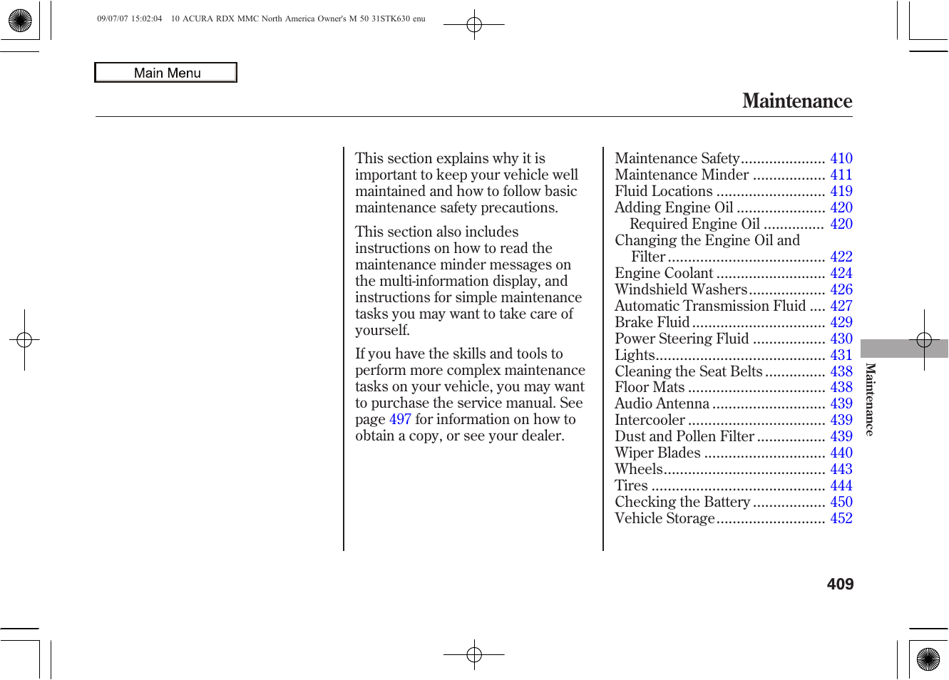 Maintenance | Acura 2010 RDX User Manual | Page 413 / 514