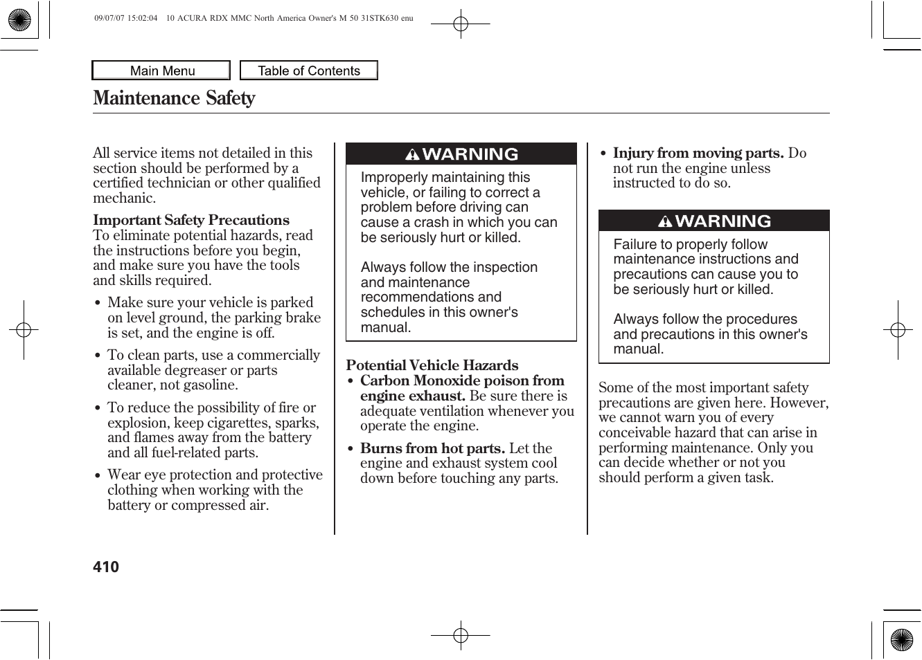 Maintenance safety, 2010 rdx | Acura 2010 RDX User Manual | Page 414 / 514