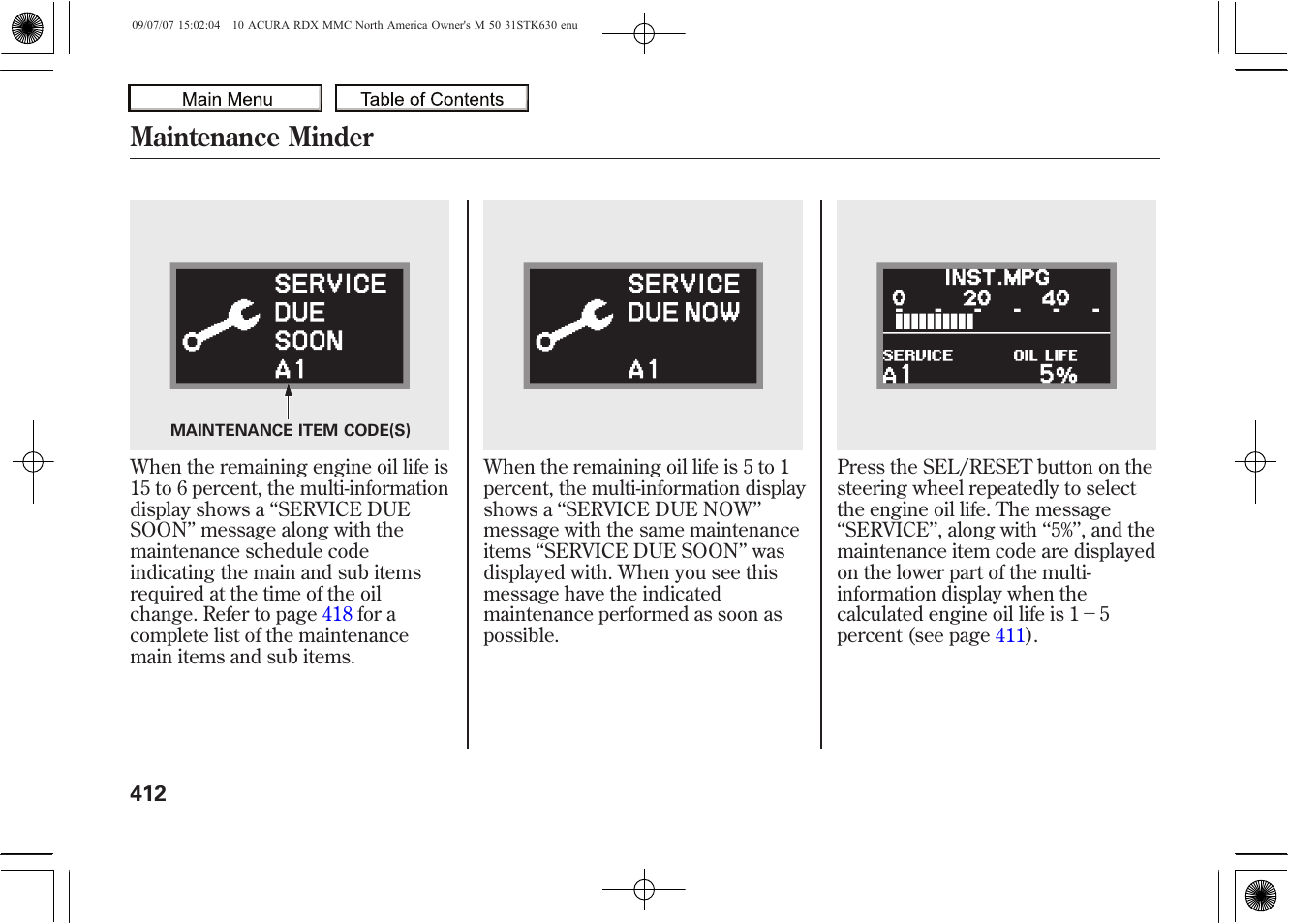 Maintenance minder, 2010 rdx | Acura 2010 RDX User Manual | Page 416 / 514