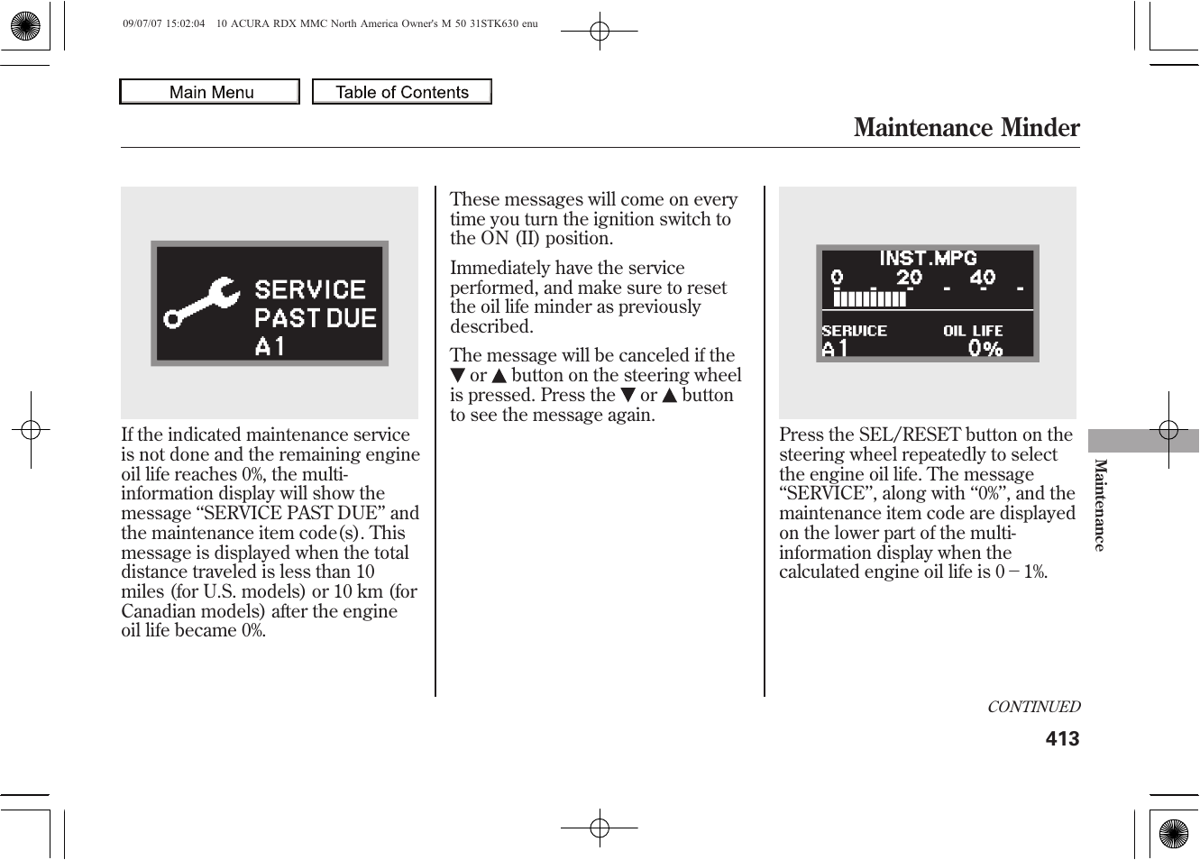 Maintenance minder, 2010 rdx | Acura 2010 RDX User Manual | Page 417 / 514