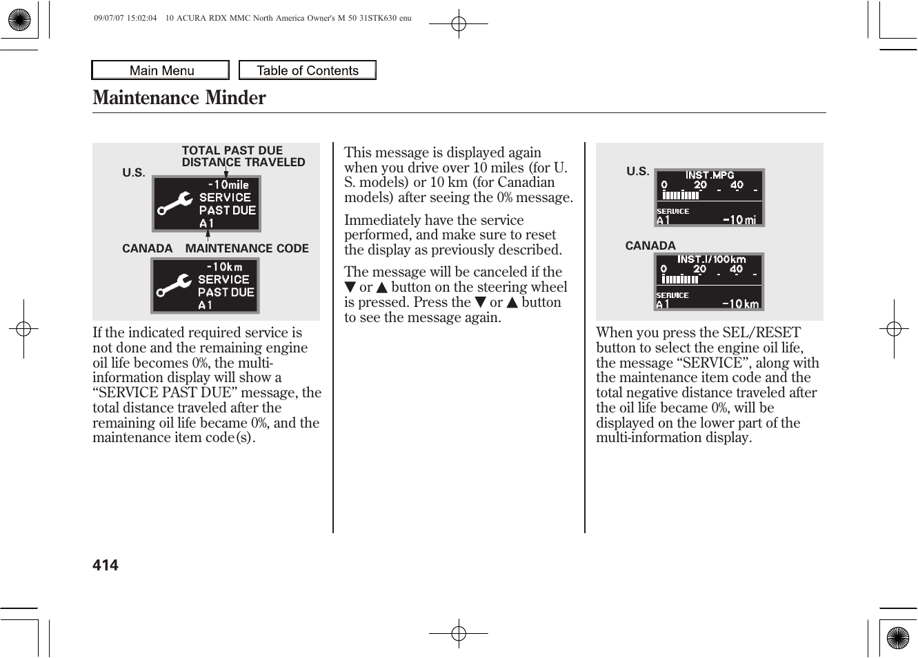 Maintenance minder, 2010 rdx | Acura 2010 RDX User Manual | Page 418 / 514