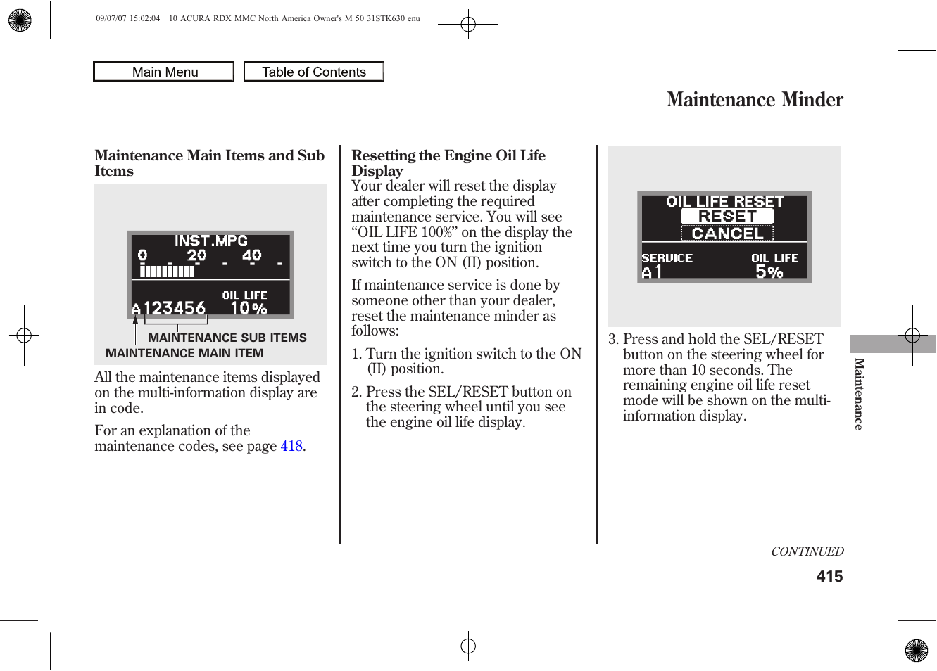 Maintenance minder, 2010 rdx | Acura 2010 RDX User Manual | Page 419 / 514