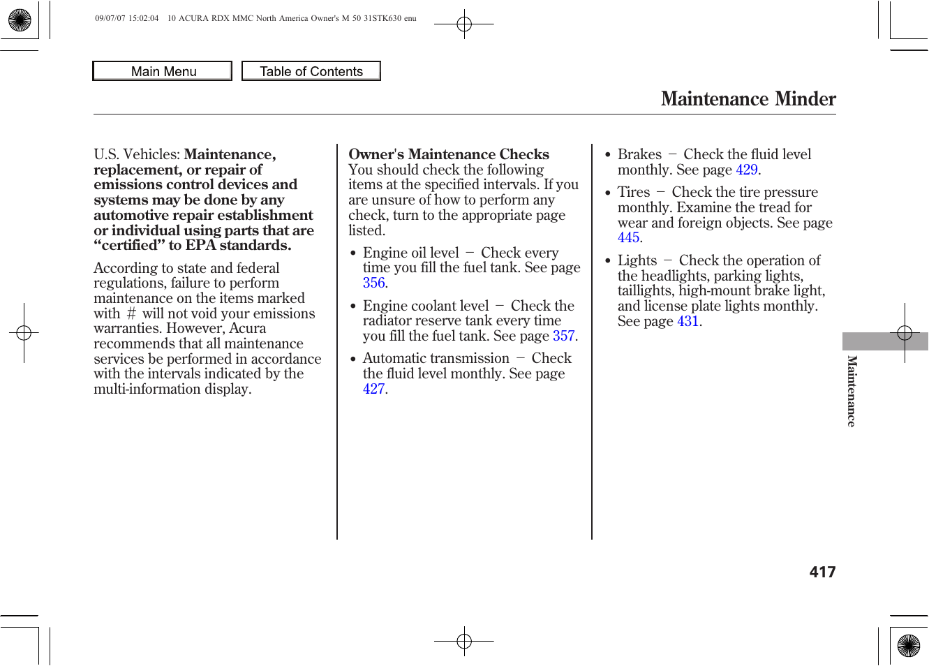 Maintenance minder, 2010 rdx | Acura 2010 RDX User Manual | Page 421 / 514