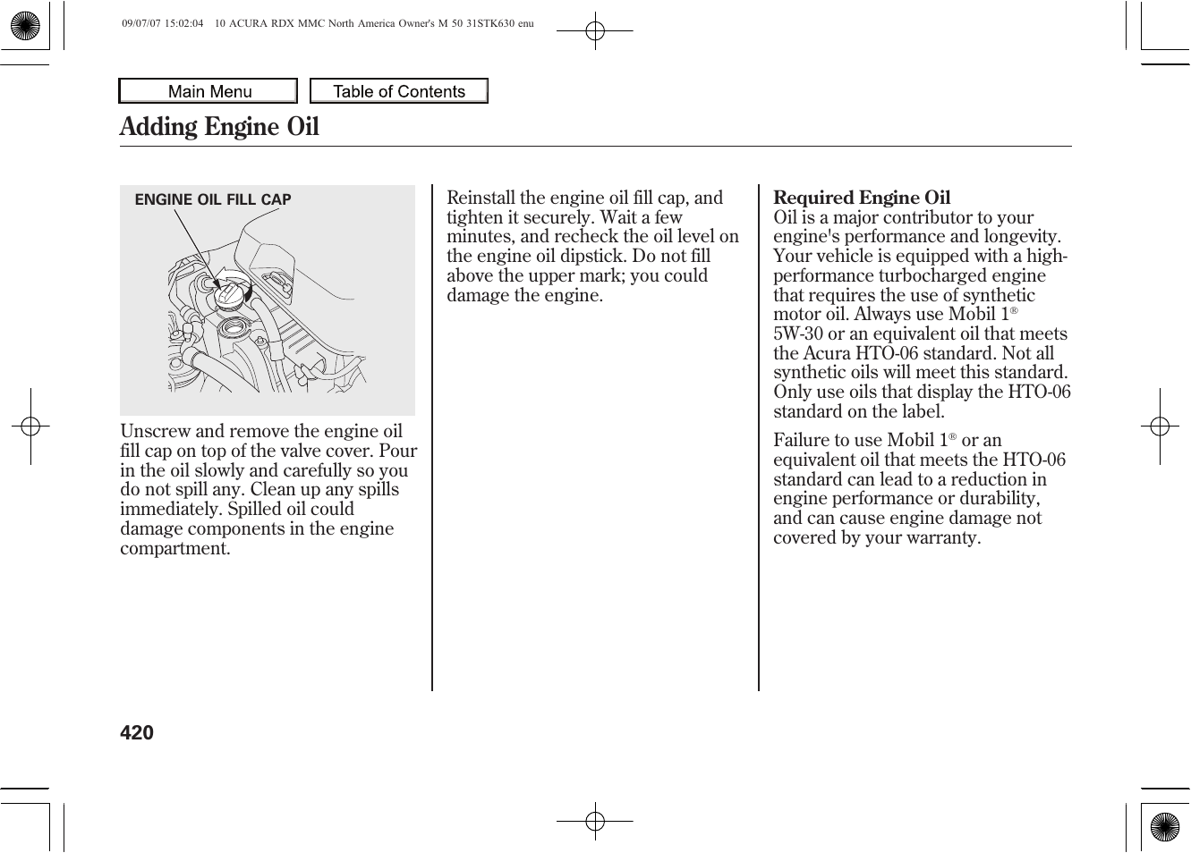 Adding engine oil, 2010 rdx | Acura 2010 RDX User Manual | Page 424 / 514