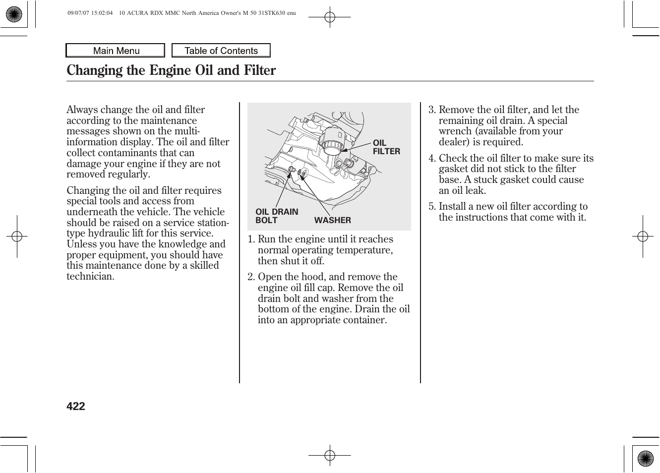 Changing the engine oil and filter, 2010 rdx | Acura 2010 RDX User Manual | Page 426 / 514