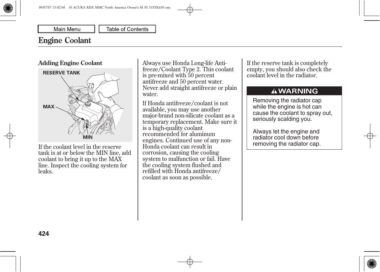 Engine coolant, 2010 rdx | Acura 2010 RDX User Manual | Page 428 / 514