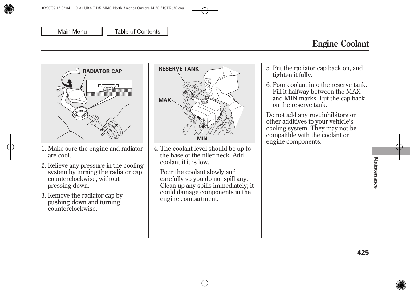 Engine coolant, 2010 rdx | Acura 2010 RDX User Manual | Page 429 / 514