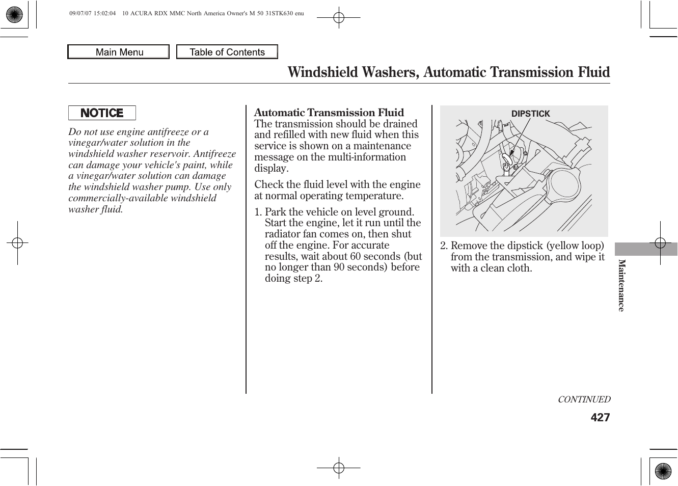 Windshield washers, automatic transmission fluid, 2010 rdx | Acura 2010 RDX User Manual | Page 431 / 514
