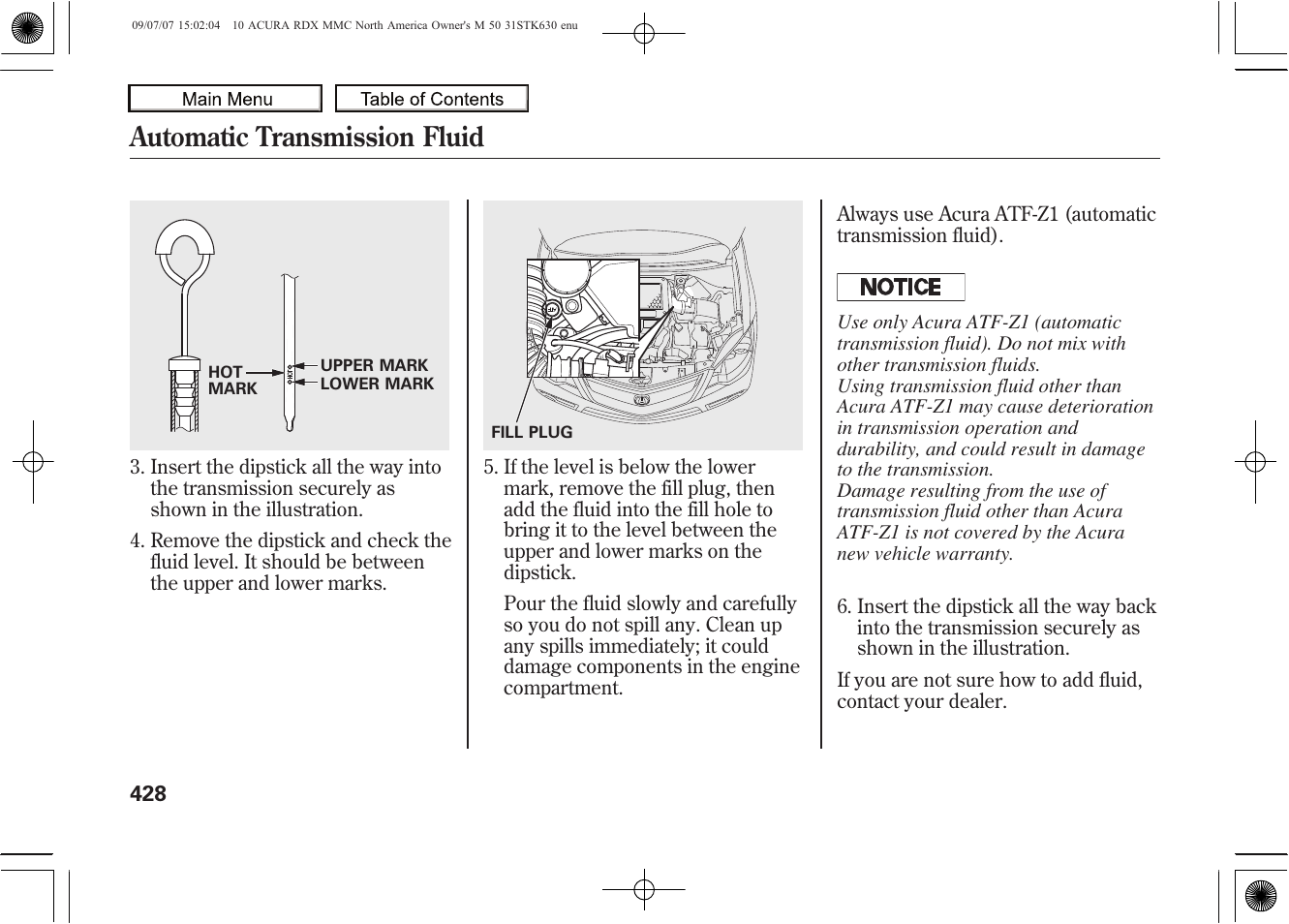 Automatic transmission fluid, 2010 rdx | Acura 2010 RDX User Manual | Page 432 / 514