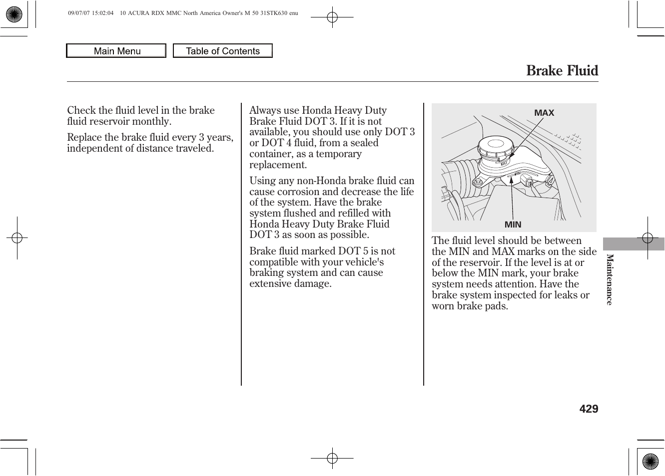 Brake fluid, 2010 rdx | Acura 2010 RDX User Manual | Page 433 / 514