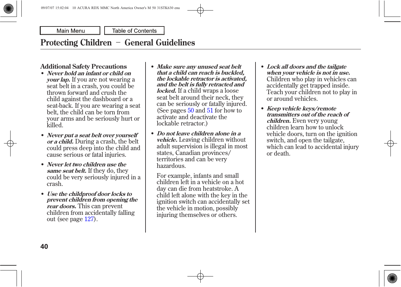 Protecting children － general guidelines, 2010 rdx | Acura 2010 RDX User Manual | Page 44 / 514
