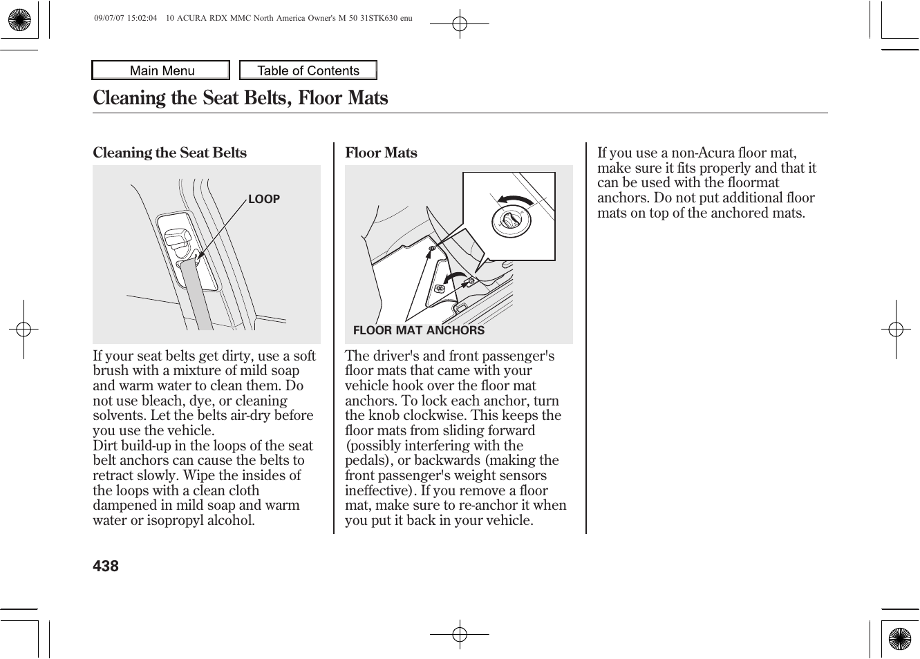 Cleaning the seat belts, floor mats, 2010 rdx | Acura 2010 RDX User Manual | Page 442 / 514