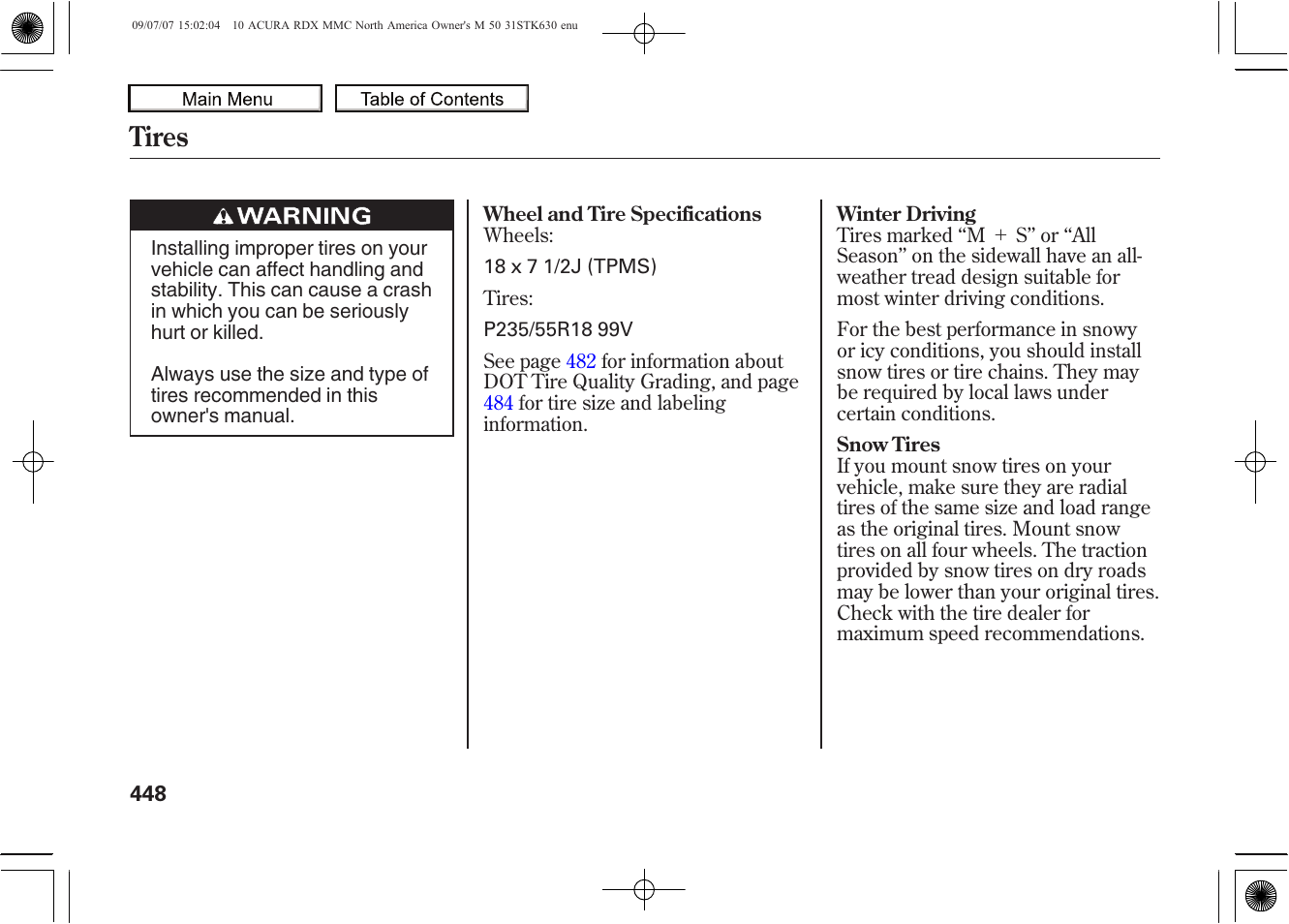 Tires, 2010 rdx | Acura 2010 RDX User Manual | Page 452 / 514