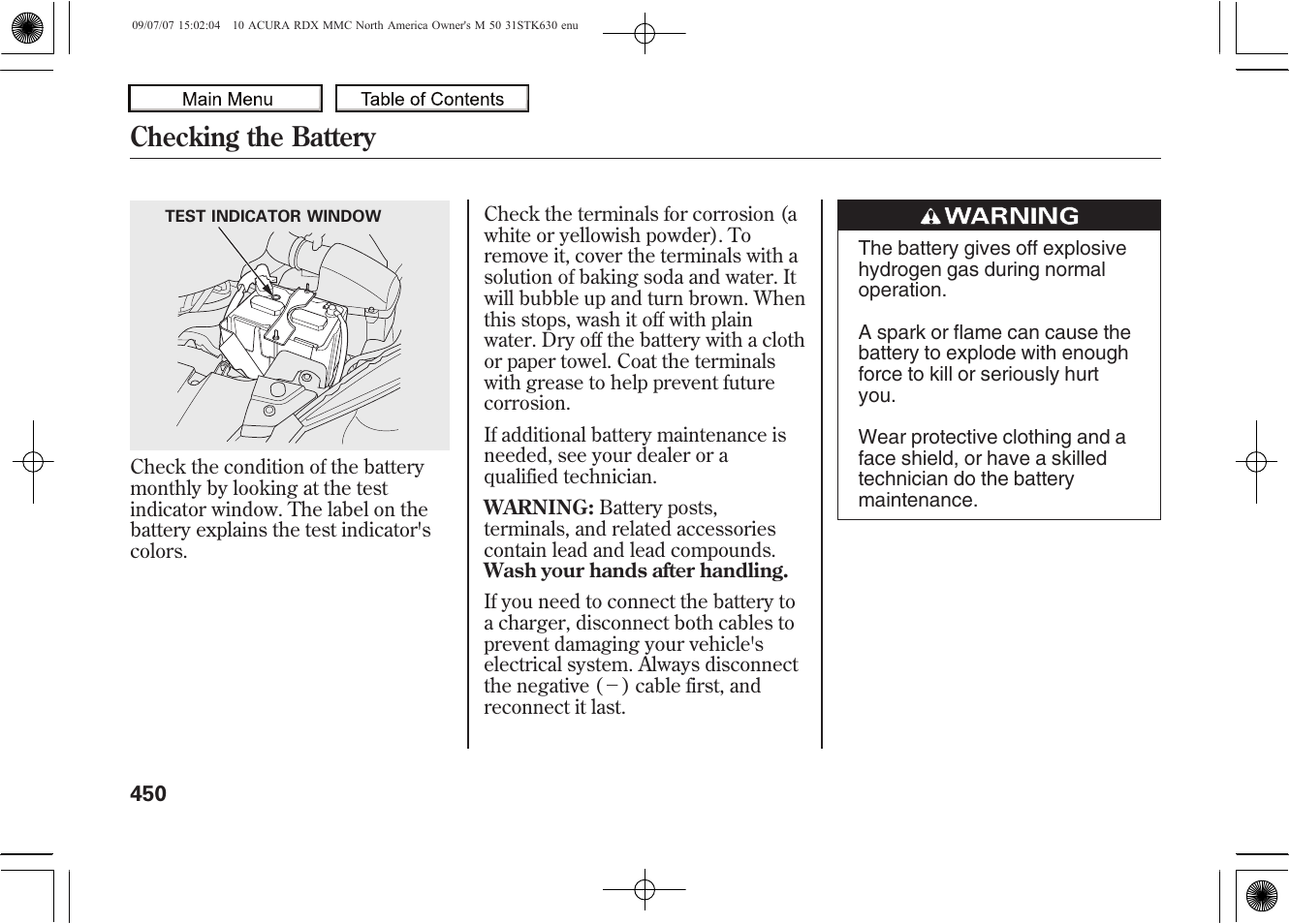 Checking the battery, 2010 rdx | Acura 2010 RDX User Manual | Page 454 / 514