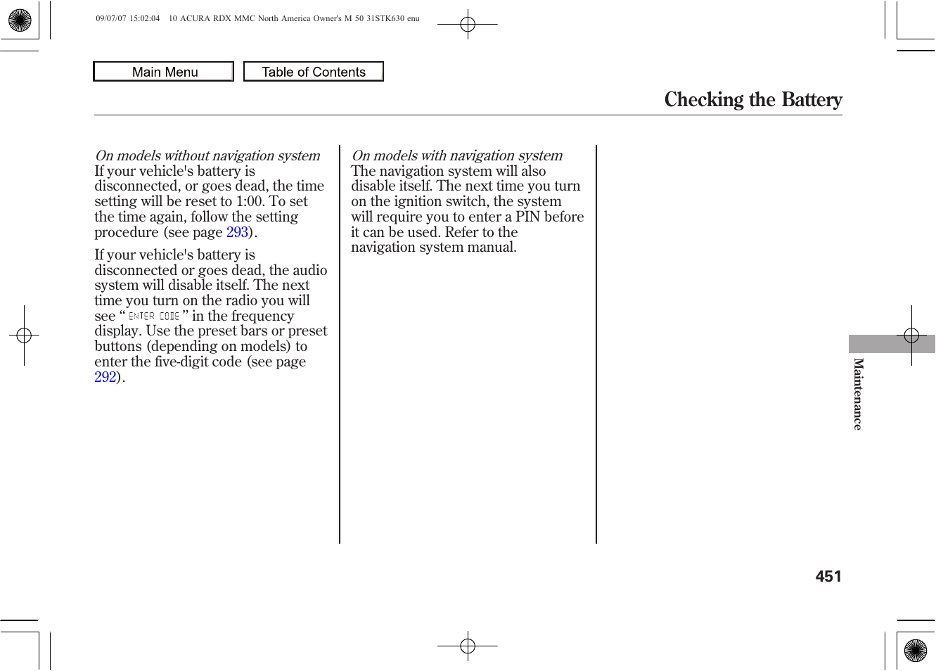 Checking the battery, 2010 rdx | Acura 2010 RDX User Manual | Page 455 / 514