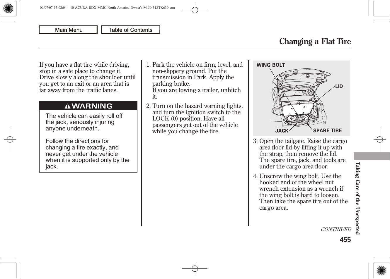 Changing a flat tire, 2010 rdx | Acura 2010 RDX User Manual | Page 459 / 514