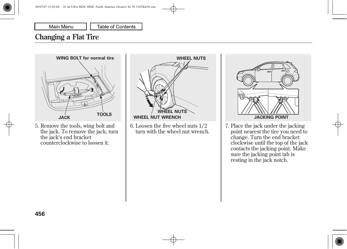 Changing a flat tire, 2010 rdx | Acura 2010 RDX User Manual | Page 460 / 514
