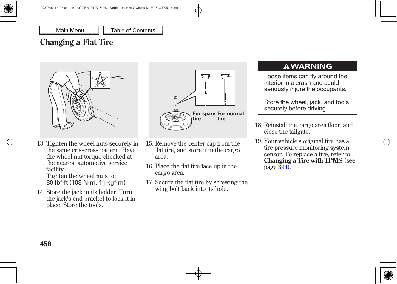 Changing a flat tire, 2010 rdx | Acura 2010 RDX User Manual | Page 462 / 514