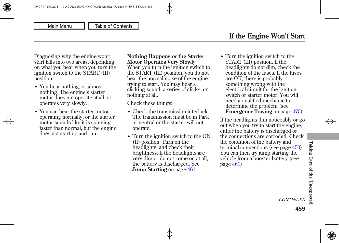 If the engine won't start, 2010 rdx | Acura 2010 RDX User Manual | Page 463 / 514