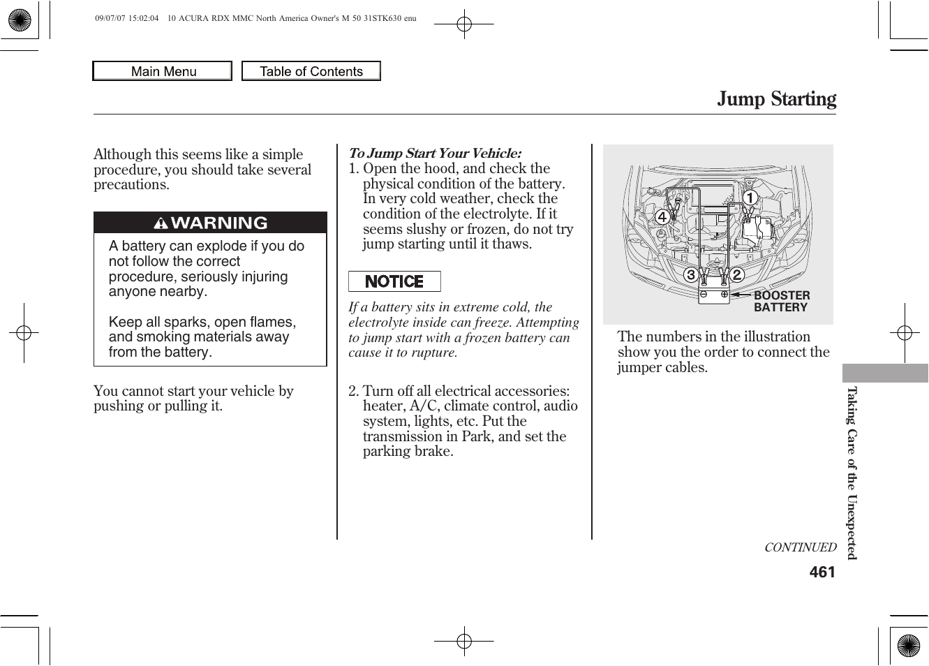Jump starting, 2010 rdx | Acura 2010 RDX User Manual | Page 465 / 514