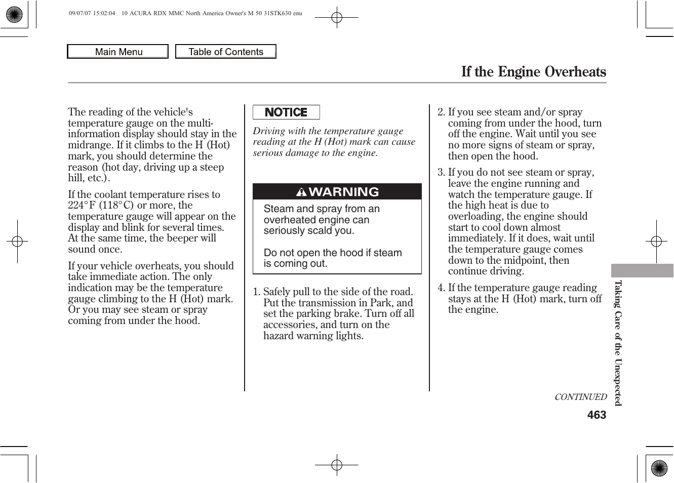 If the engine overheats, 2010 rdx | Acura 2010 RDX User Manual | Page 467 / 514