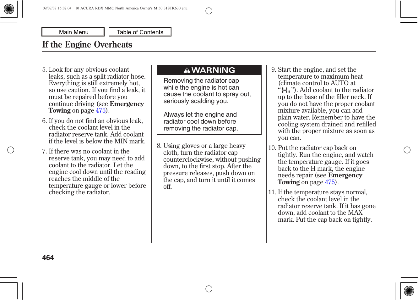 If the engine overheats, 2010 rdx | Acura 2010 RDX User Manual | Page 468 / 514