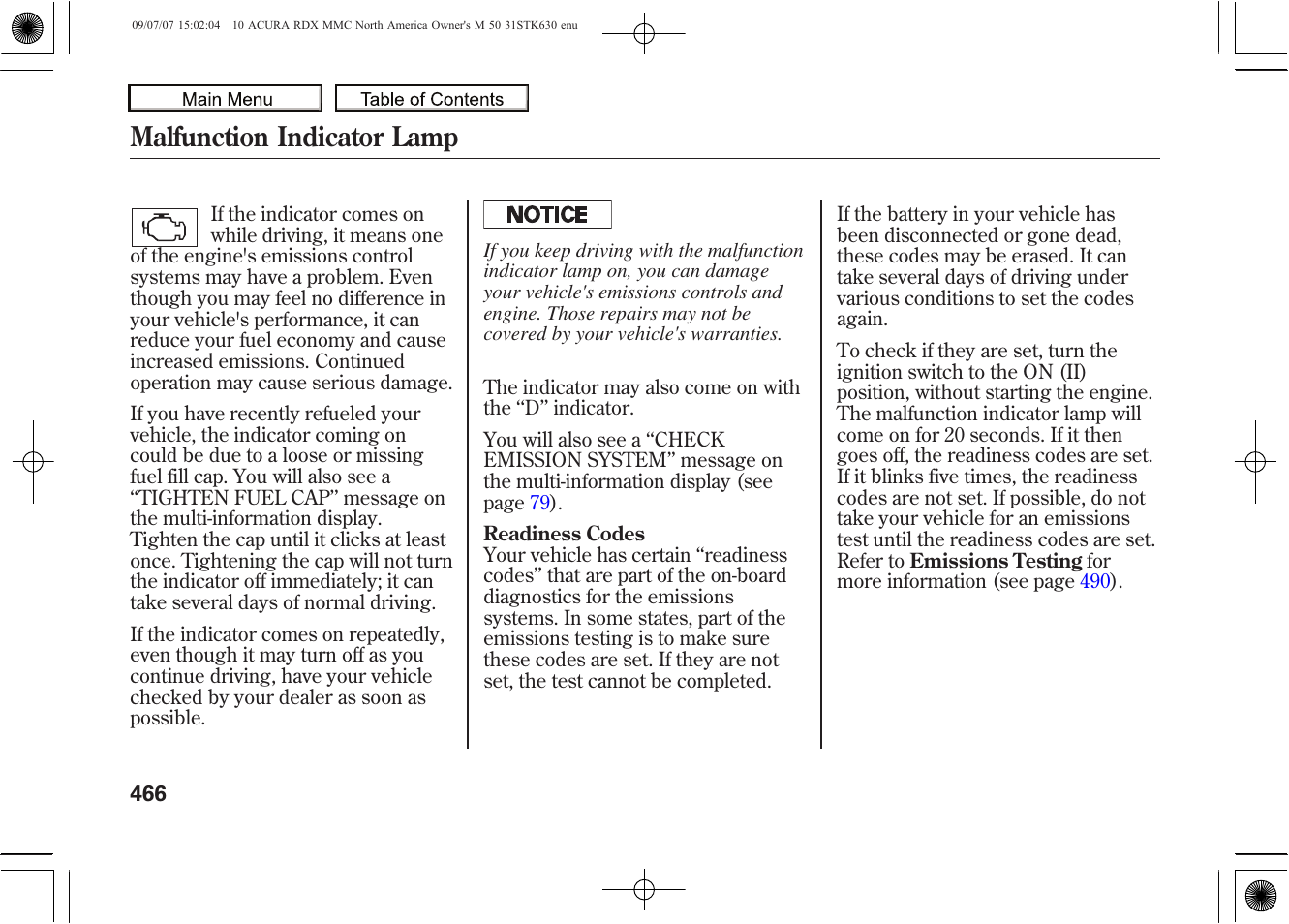 Malfunction indicator lamp, 2010 rdx | Acura 2010 RDX User Manual | Page 470 / 514