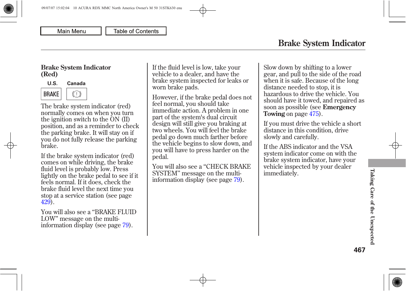 Brake system indicator, 2010 rdx | Acura 2010 RDX User Manual | Page 471 / 514