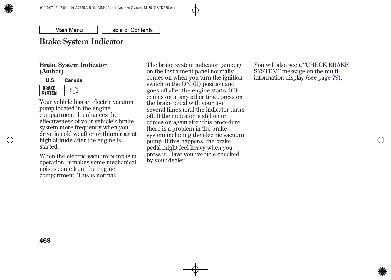 Brake system indicator, 2010 rdx | Acura 2010 RDX User Manual | Page 472 / 514