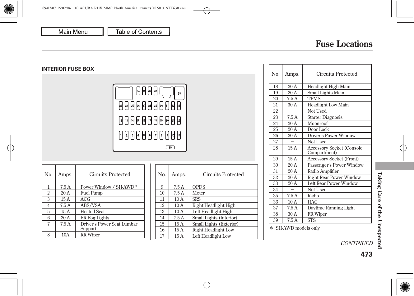 Fuse locations, 2010 rdx | Acura 2010 RDX User Manual | Page 477 / 514